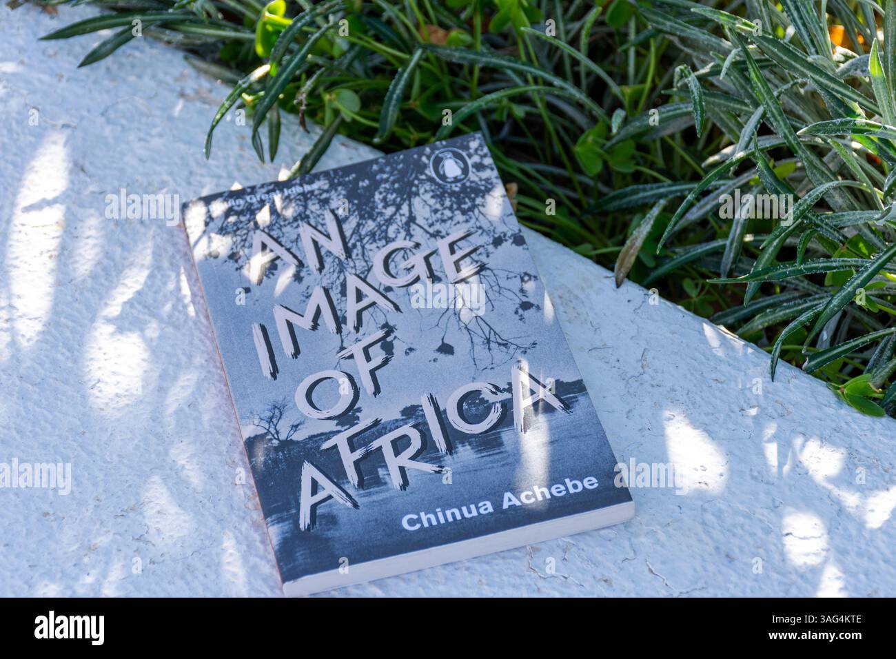 Gros plan du roman an image of Africa de Chinua Achebe dans le jardin. Banque D'Images