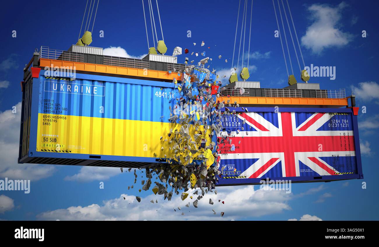 Conteneurs de fret avec drapeaux de l'Ukraine et du Royaume-Uni - illustration 3D. Banque D'Images