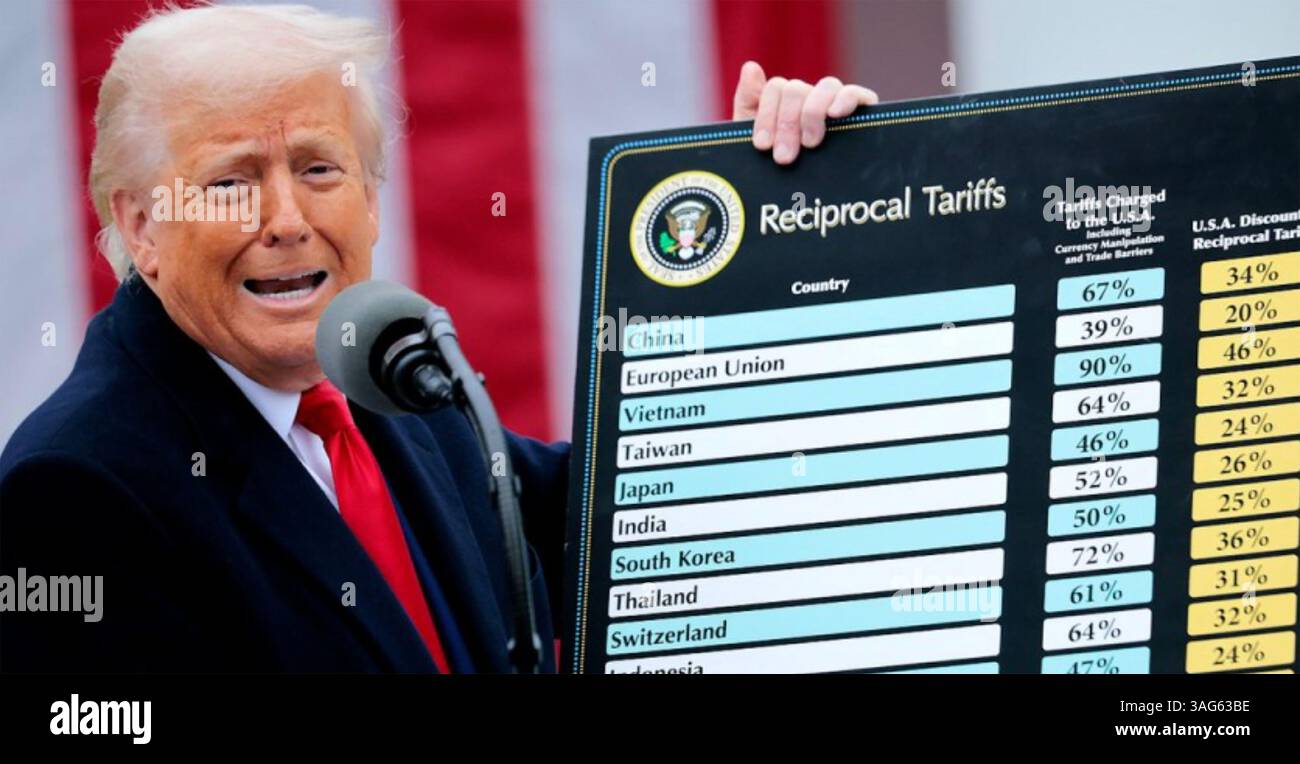 LE PRÉSIDENT AMÉRICAIN DONALD TRUMP annonce des tarifs réciproques dans le jardin de la Maison Blanche le mercredi 2 avril 2025. Photo : WH fil Twitter Banque D'Images