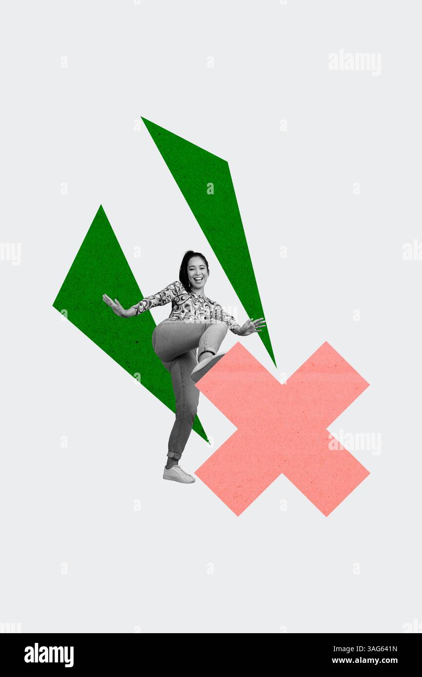 Modèle d'illustration de tendance dessin de collage 3D croquis de jeune dame stand une jambe punch croix vote arrêter emploi entrepreneur profession emploi Banque D'Images