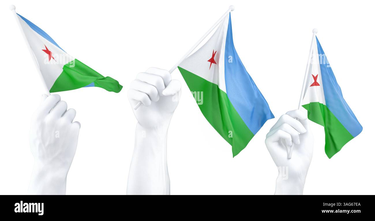 Main tenant le drapeau de Djibouti. Rendu 3D isolé Banque D'Images