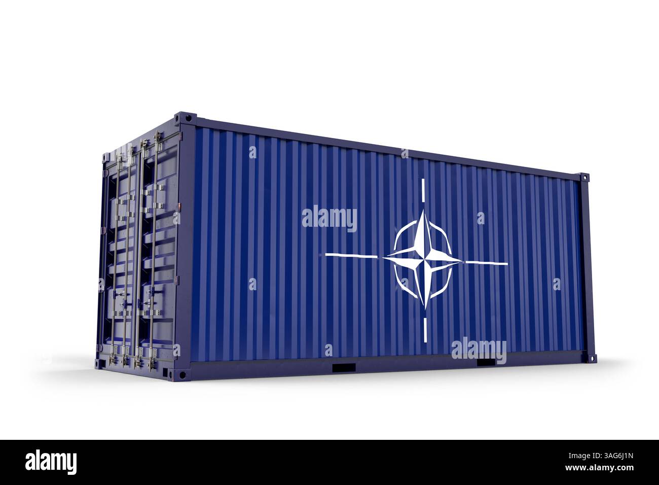 Conteneur maritime de logistique militaire arborant l'emblème de l'OTAN, symbolisant la collaboration internationale en matière de défense et le cadre de sécurité mondiale. Rendu 3D. Banque D'Images