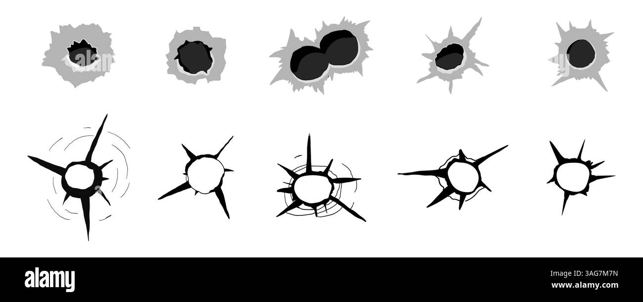 Silhouette de marque d'arme à feu de trou de balle, pistolet à impact, coup de feu de trou de balle. Dégâts de tir. Illustration vectorielle Illustration de Vecteur