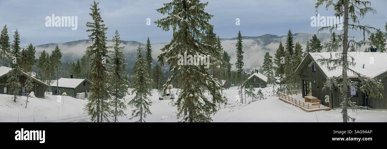 chaîne de montagnes, montagnes boisées avec ciel pittoresque, montagnes norvégiennes dans la neige Banque D'Images