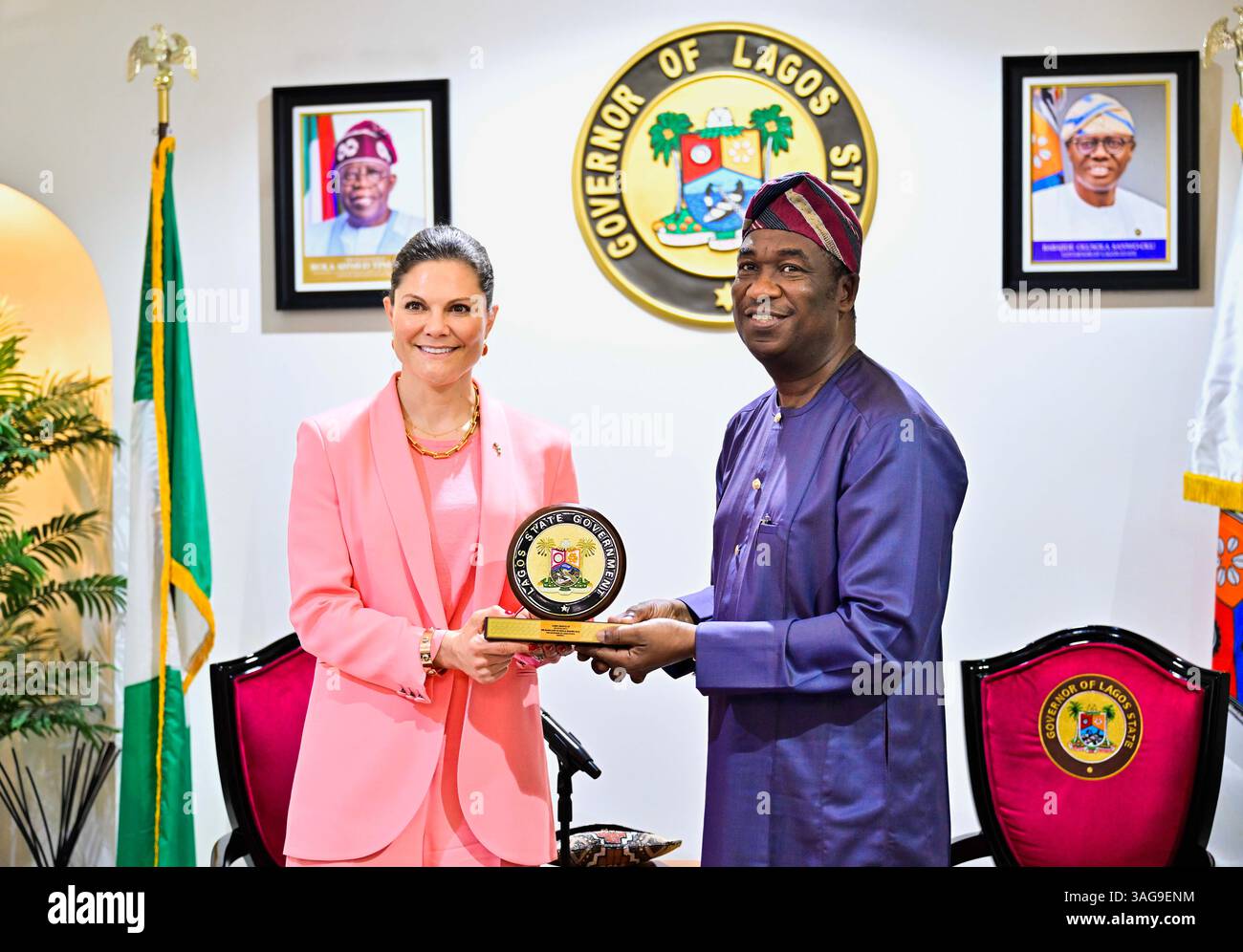 Lagos, Nigeria. 08 avril 2025. La princesse héritière Victoria rencontre le vice-gouverneur de l'État de Lagos, Obafemi Hamzat, à House Marina, sur l'île de Lagos au Nigeria, le 8 avril 2025. La princesse héritière Victoria de Suède est en visite officielle en République du Nigeria, 6-9 avril 2025.photo : Jonas Ekströmer/TT code 10030 crédit : TT News Agency/Alamy Live News Banque D'Images