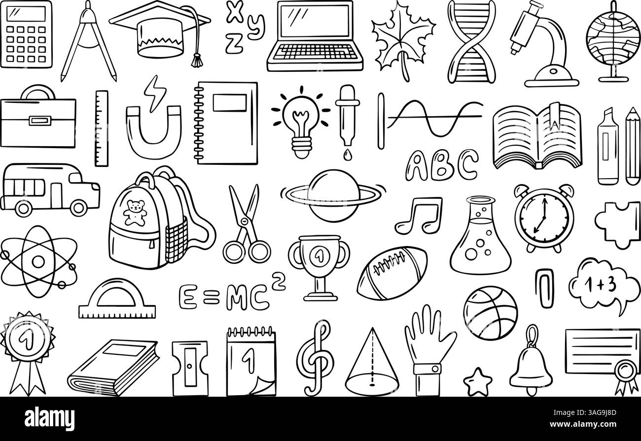 Retour aux éléments de l'école. Différentes icônes éducatives, casquette académique, ciseaux, livre. Symboles des cours scolaires, biologie mathématique musicale, vecteur néotérique Illustration de Vecteur