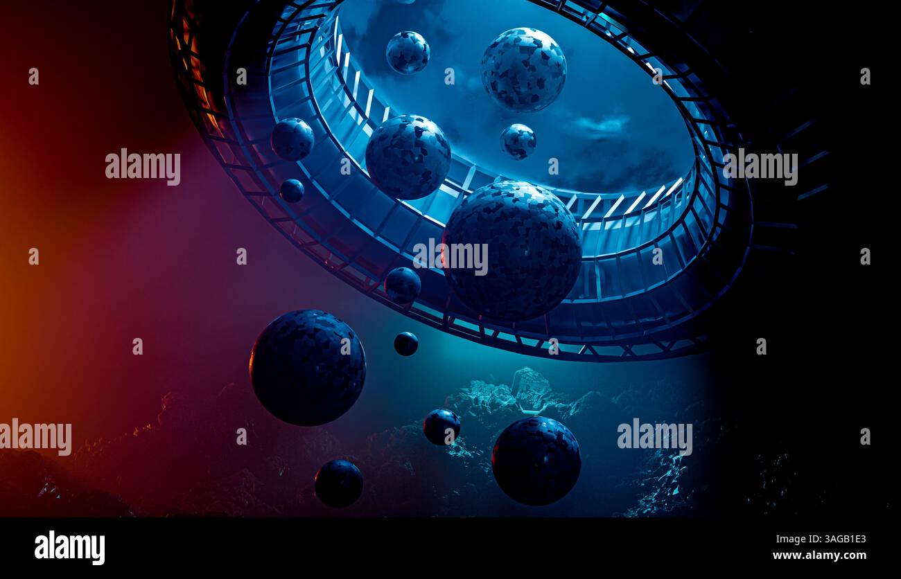 Structure spatiale futuriste entourée de planètes flottantes et de lumière cosmique dans un environnement extraterrestre surréaliste. Banque D'Images