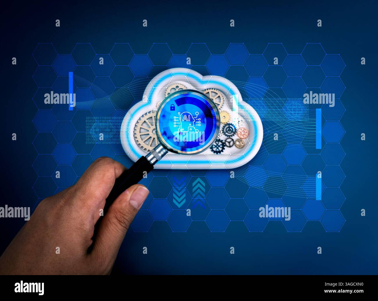 Technologie de cloud computing, stockage de système de données avec analyse intelligente et concept de service de traitement. Icône de puce AI sur le nuage blanc avec des engrenages, focus en M. Banque D'Images