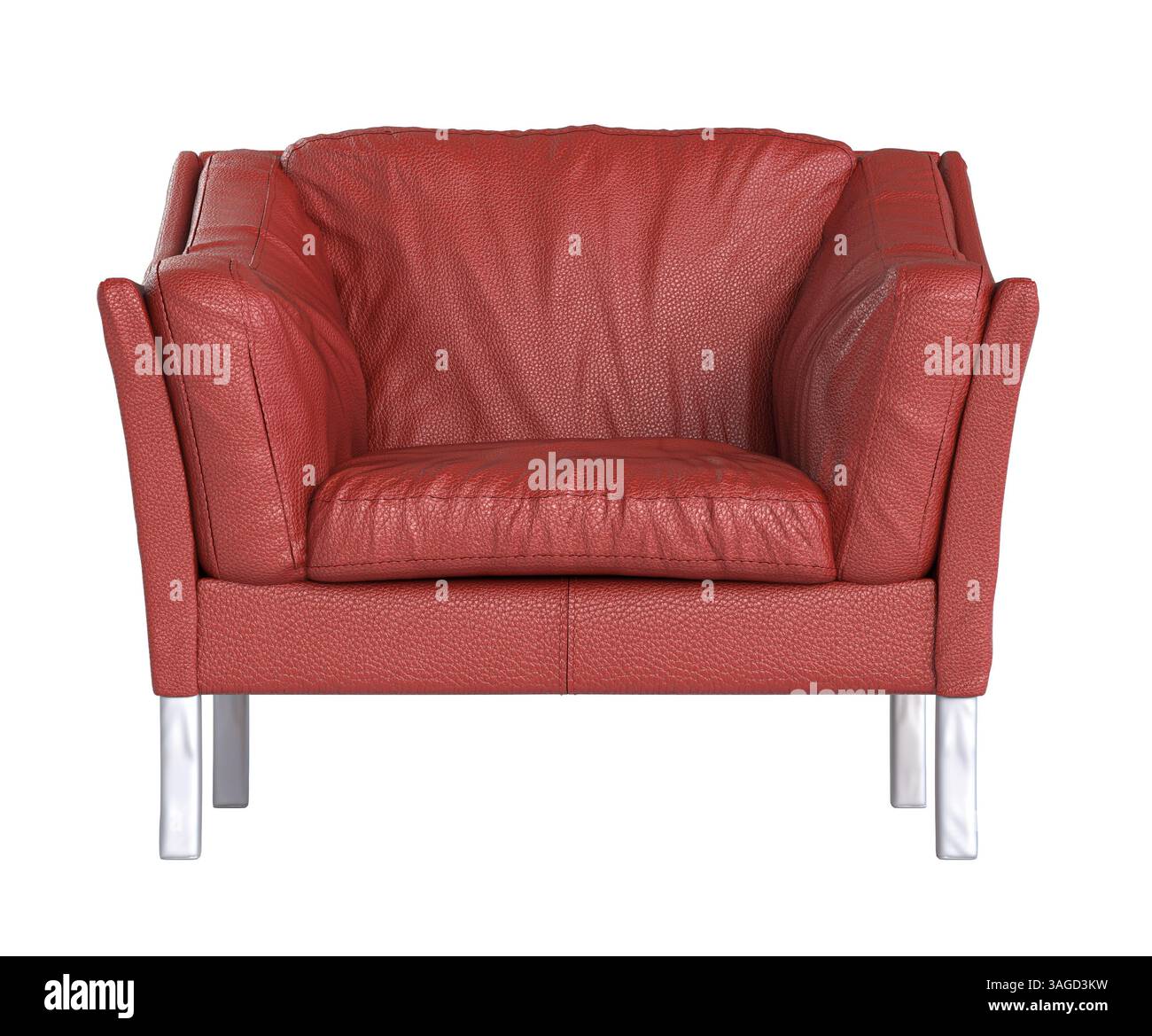 Fauteuil en cuir rouge avec pieds en métal sur fond transparent 3D. Banque D'Images