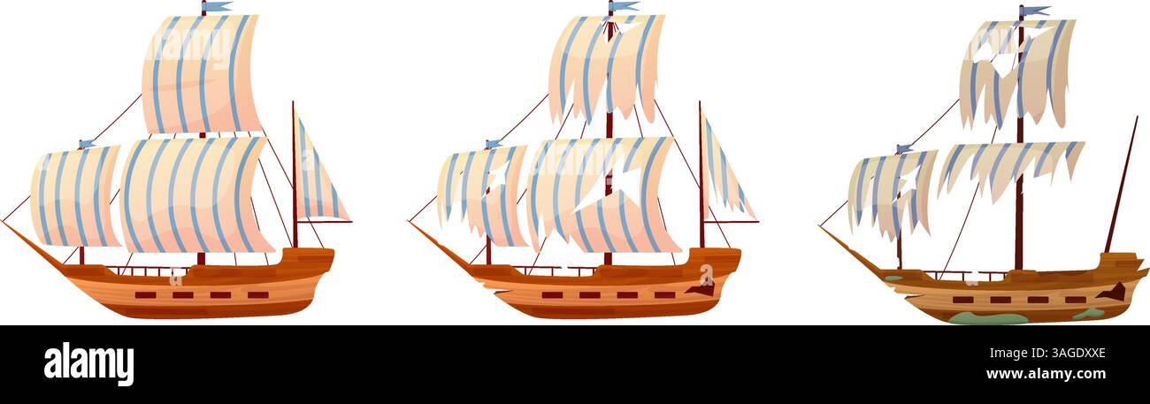 Voilier cassé. Navire en bois vintage, de neuf à broked. Cuirassé, navire après naufrage en mer ou en océan. Naufrage, dessin animé transport par eau Illustration de Vecteur