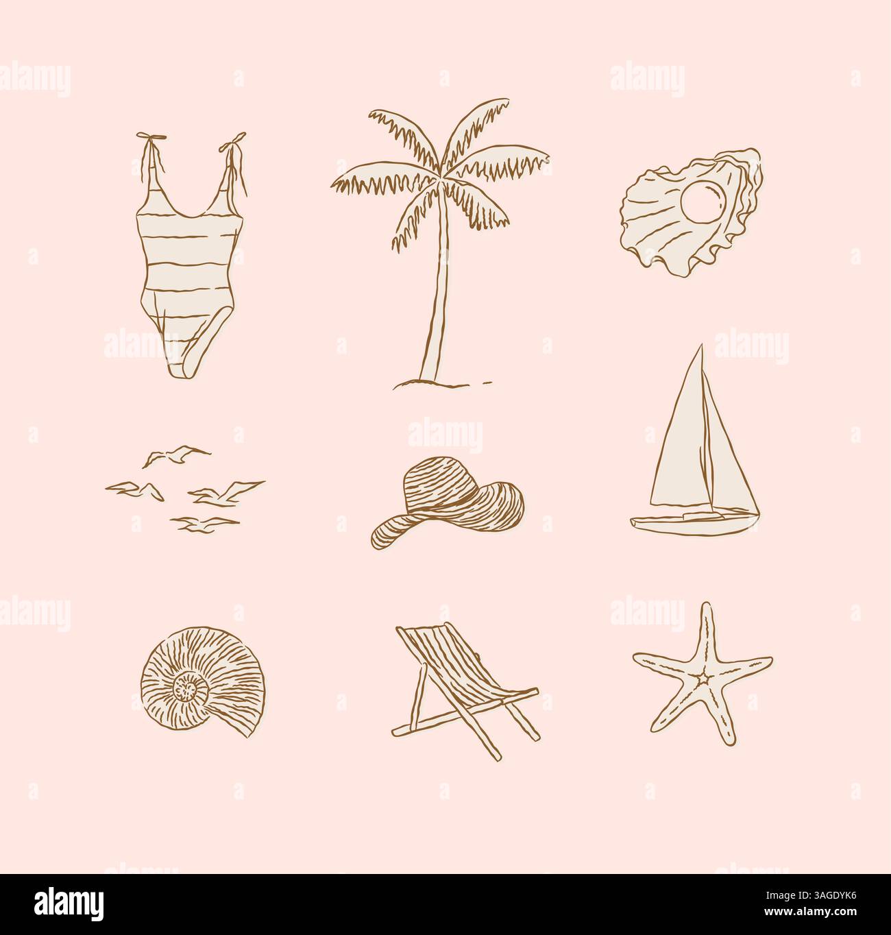 Plage d'été Relax icônes collection maillot de bain, palmier, coquille, perle, mouettes, oiseaux, chapeau, yacht, étoile de mer, dessin de chaise de plage dans le style graphique sur Illustration de Vecteur