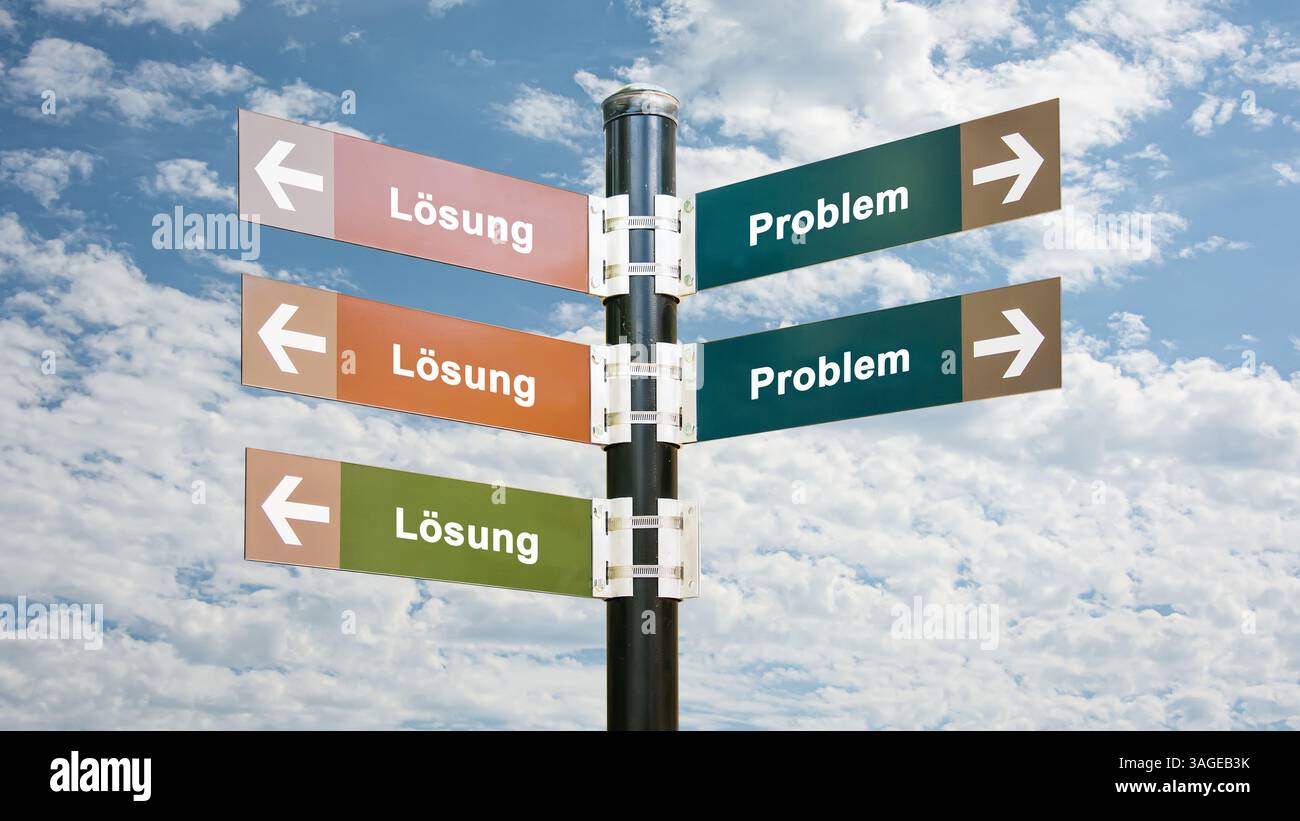 Une image avec un panneau pointant dans deux directions différentes en allemand. Une direction pointe vers la solution, l'autre vers le problème. Banque D'Images