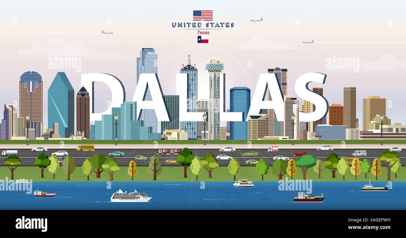 Illustration vectorielle colorée de la skyline de Dallas. Affiche de voyage Illustration de Vecteur