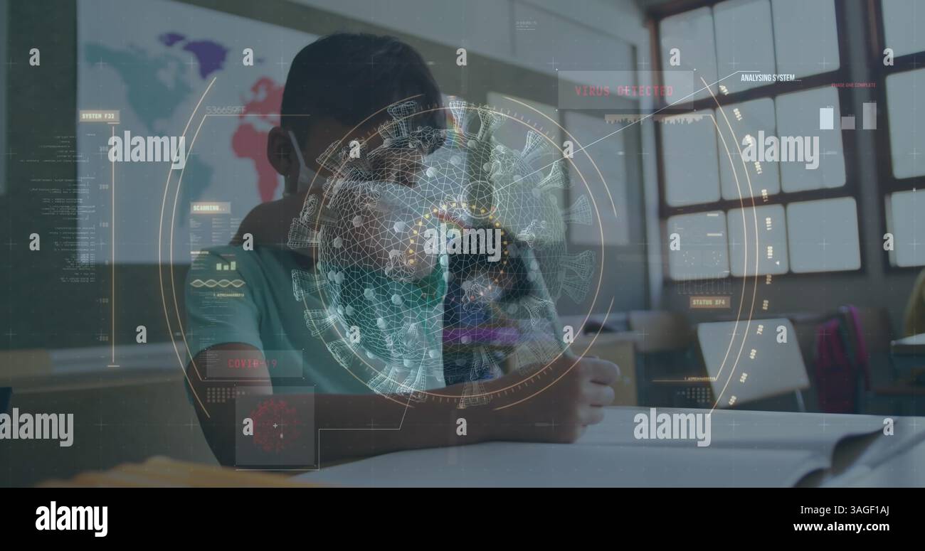 Oscilloscope balayage au-dessus des cellules covid-19 contre un garçon d'école portant un masque facial éternuant à l'école Banque D'Images