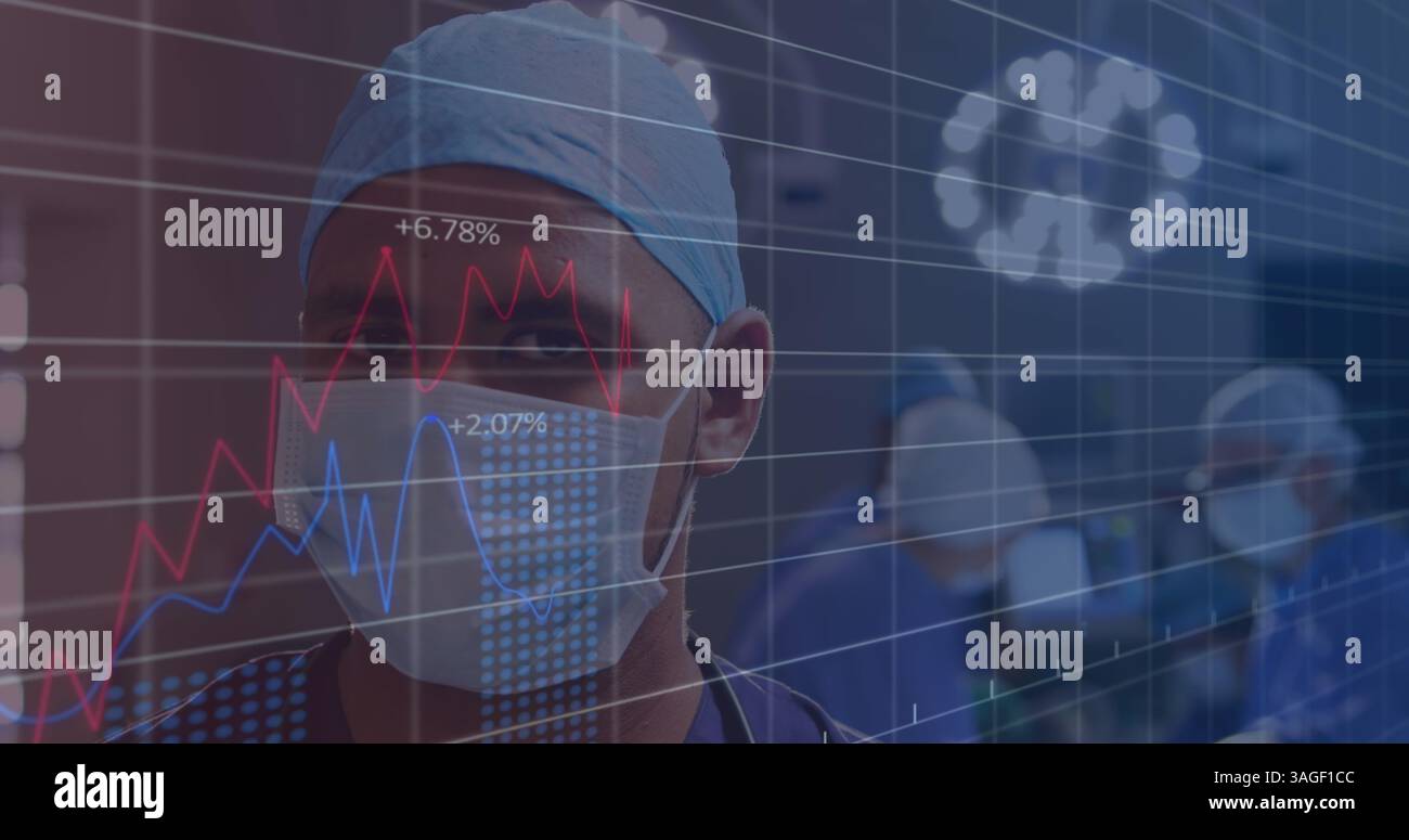 Traitement des données financières par rapport au portrait d'un chirurgien portant un masque facial à l'hôpital Banque D'Images