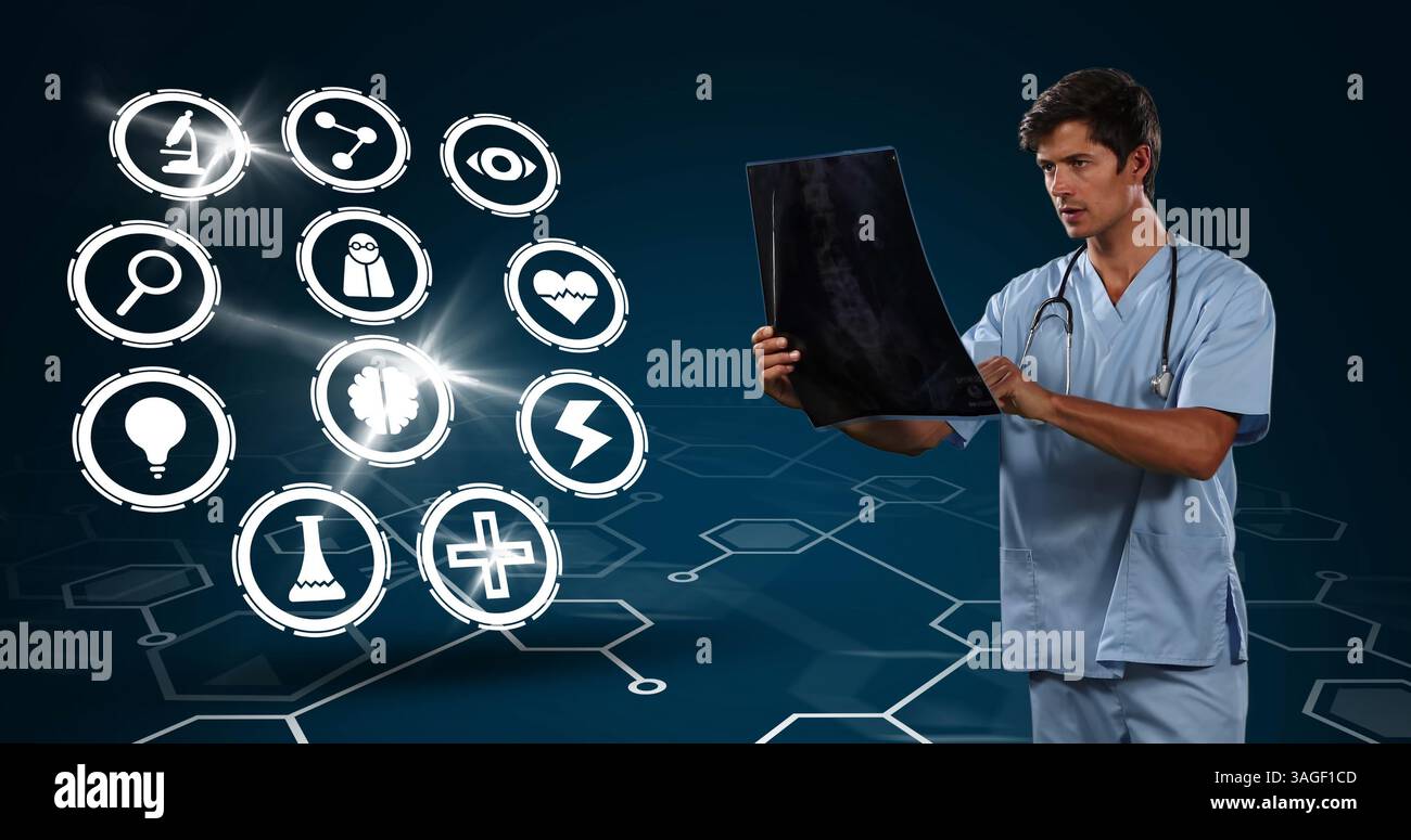 Plusieurs icônes numériques contre un agent de santé masculin examinant un rapport de radiographie Banque D'Images