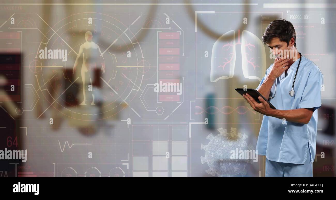 Traitement de données médicales contre un médecin caucasien utilisant une tablette numérique Banque D'Images