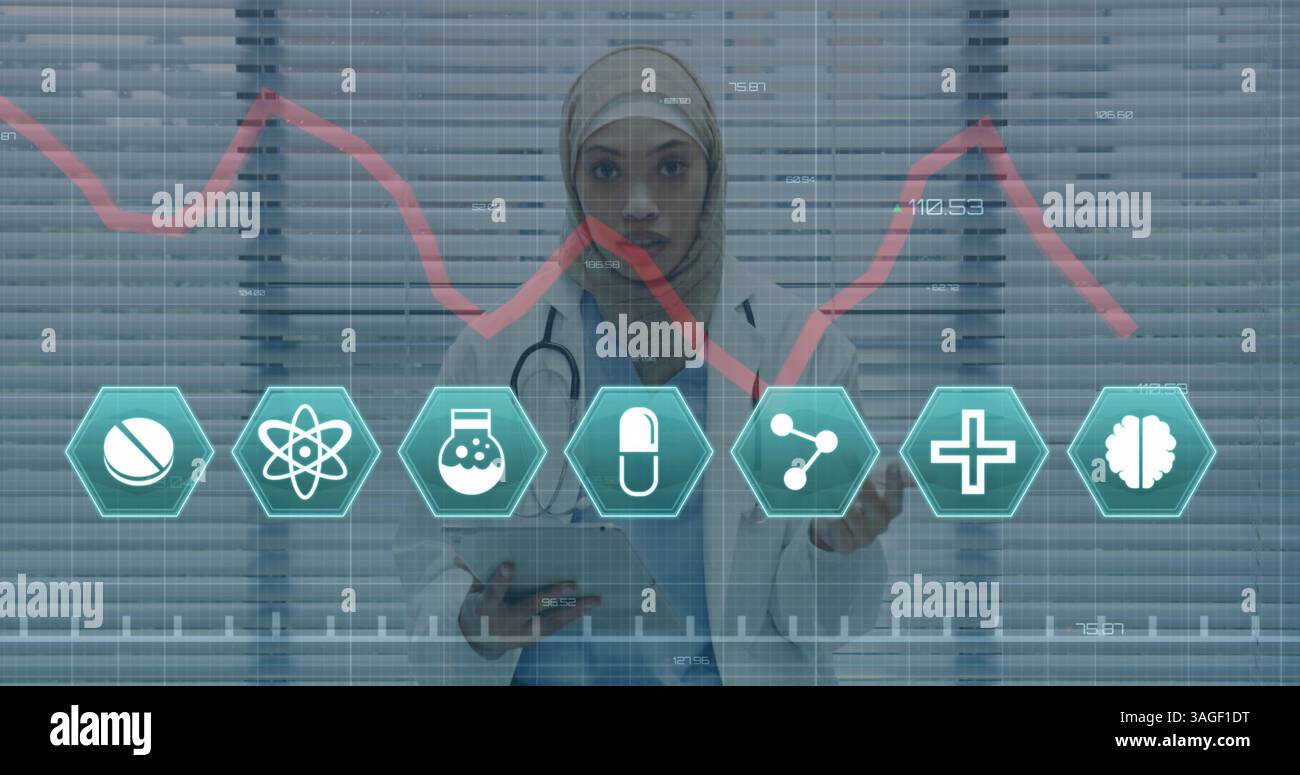 Plusieurs icônes médicales contre une femme médecin portant le hijab parlant regardant la caméra Banque D'Images