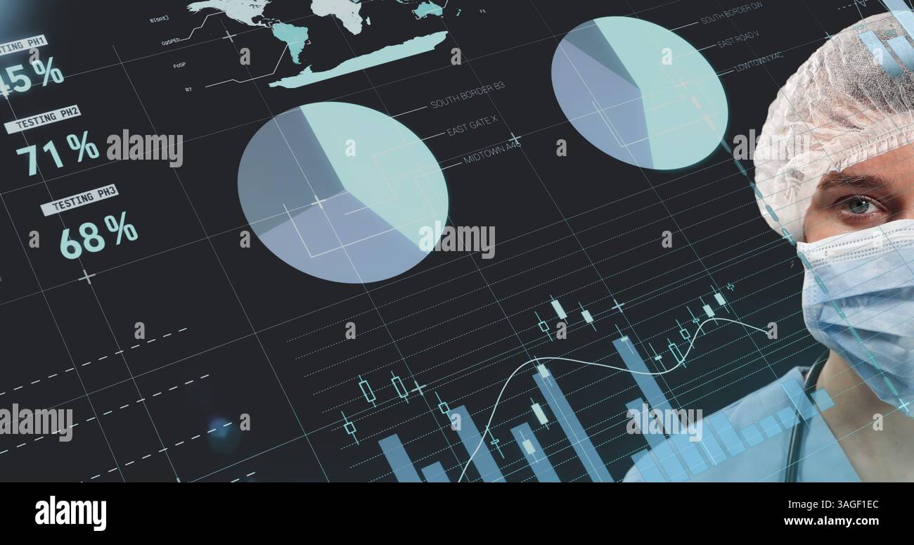Traitement statistique des données par rapport au portrait d'une femme chirurgienne portant un masque facial Banque D'Images