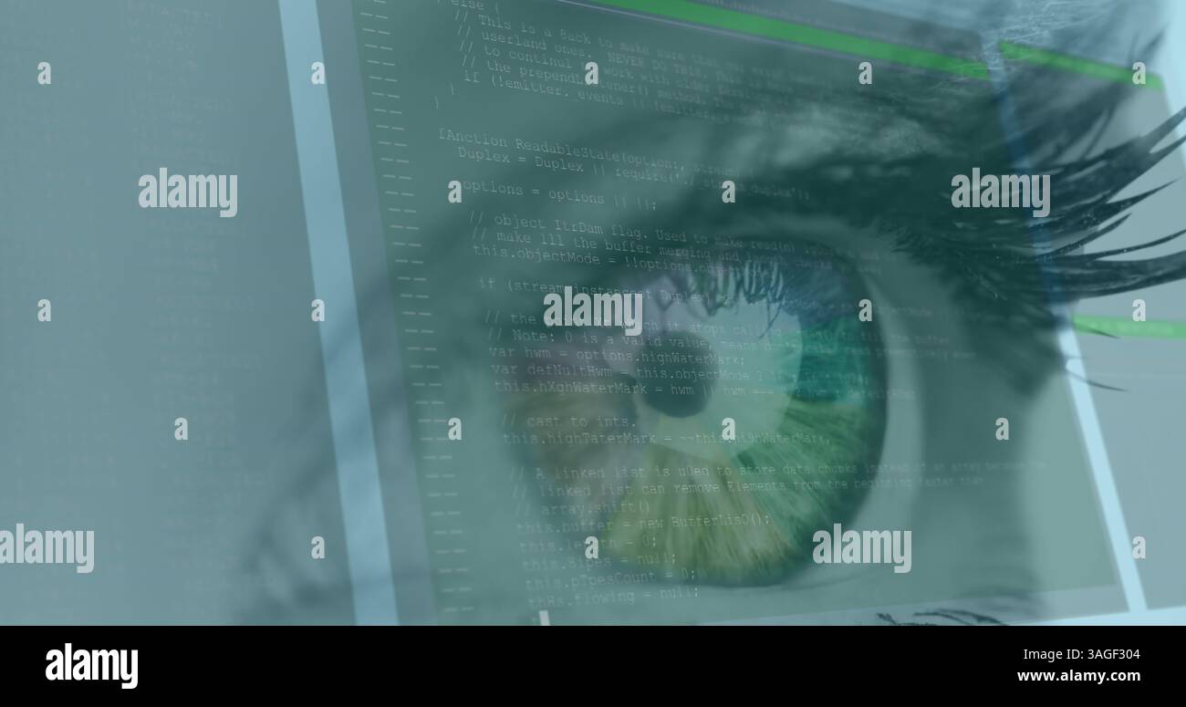 Image de l'œil vert de la femme et de l'information numérique à défilement rapide avec des lignes blanches Banque D'Images