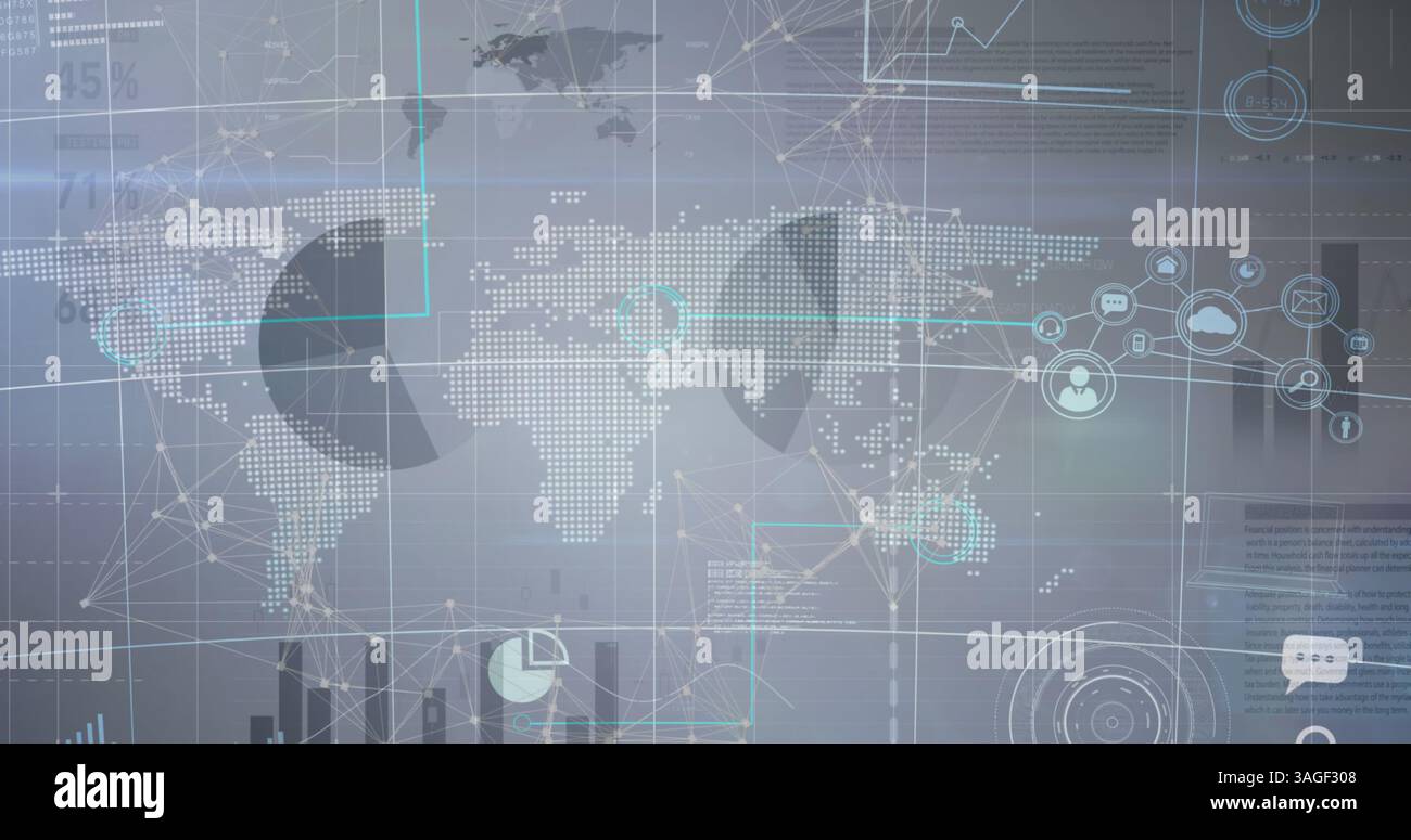 Image des icônes numériques et du traitement des données sur la carte du monde sur fond gris Banque D'Images