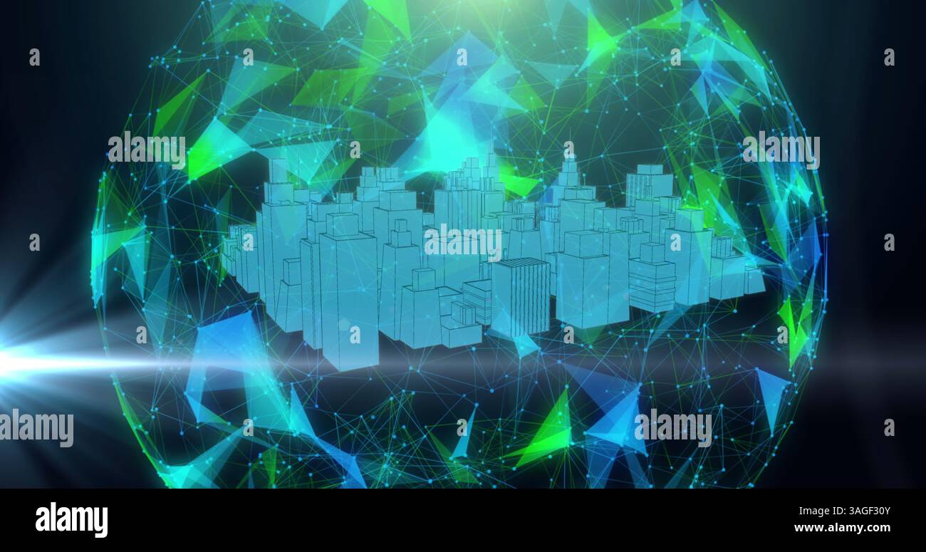Image du globe avec des réseaux de connexions avec paysage urbain 3d tournant Banque D'Images
