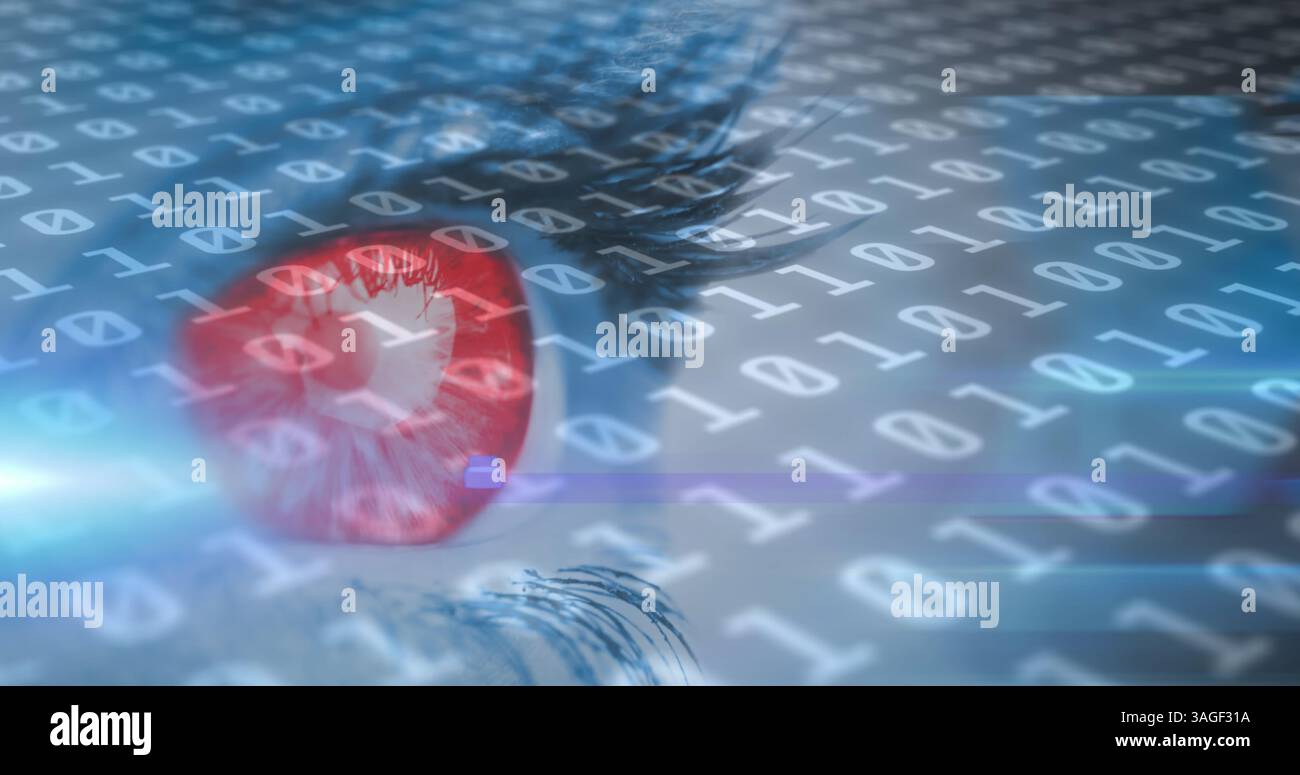 Image du traitement des données de codage binaire au-dessus de l'oeil d'une femme Banque D'Images