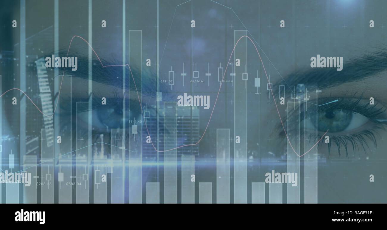 Image du traitement des données financières avec des statistiques sur le visage de la femme Banque D'Images