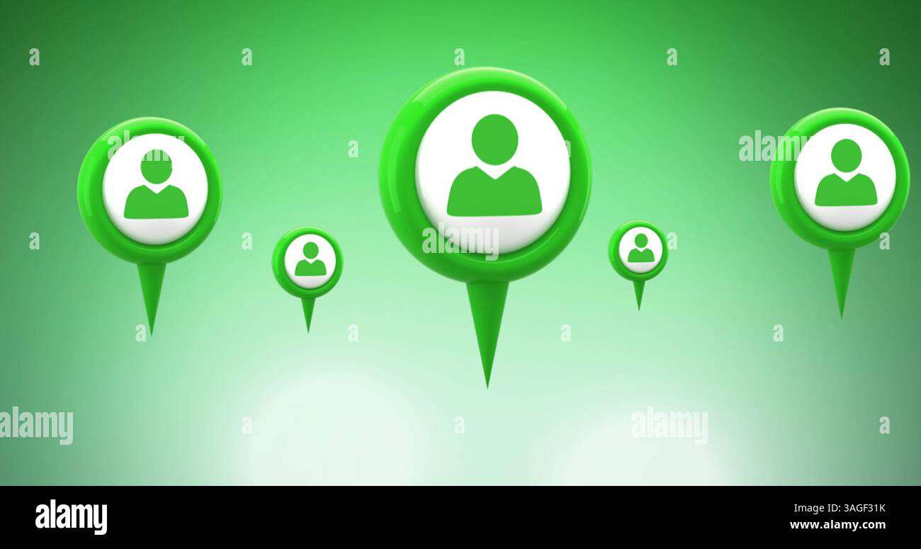Image d'épingles d'emplacement vertes avec des icônes de personnes sur fond vert Banque D'Images