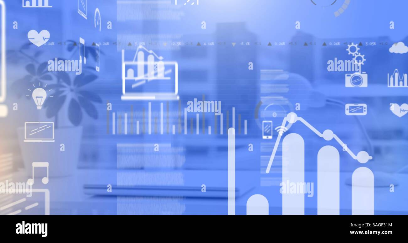 Image des icônes numériques et du traitement des données sur le paysage urbain sur fond bleu Banque D'Images