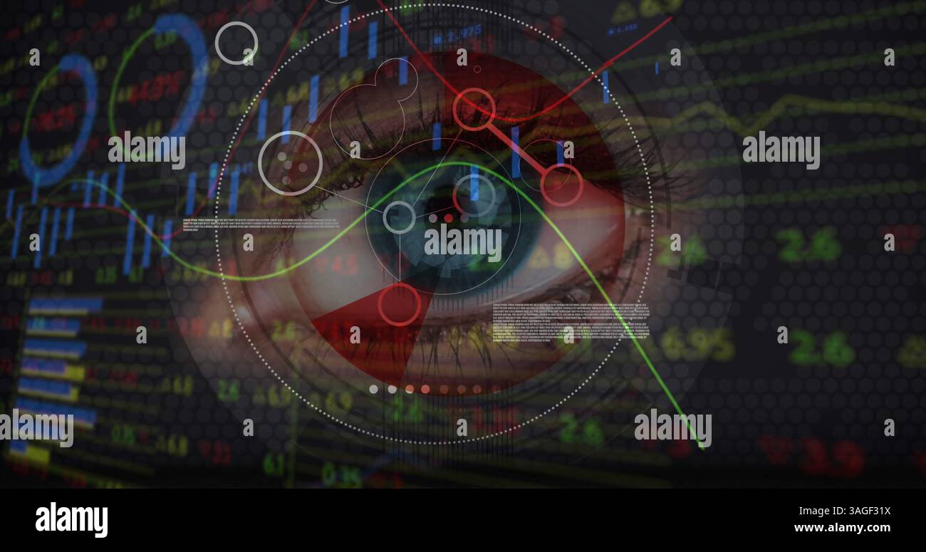 Image du traitement des données financières et du balayage de l'oscilloscope au-dessus de l'œil d'une femme Banque D'Images