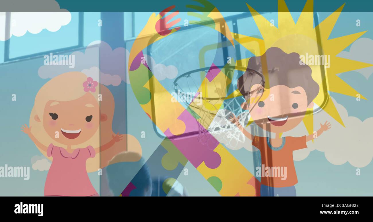 Image de puzzles formant ruban et heureux garçon et fille avec écolier jouant au basket-ball Banque D'Images