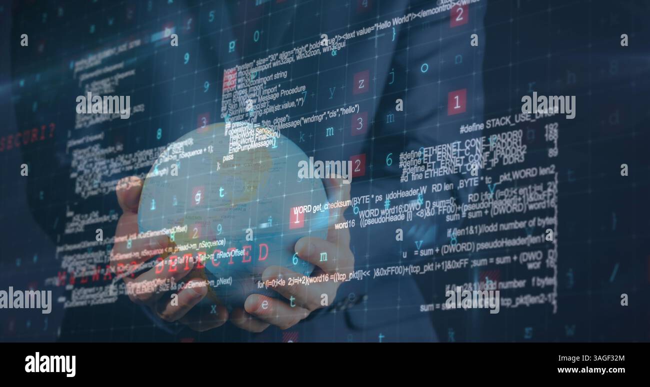 Image de traitement de données sur homme d'affaires tenant globe sur fond bleu Banque D'Images