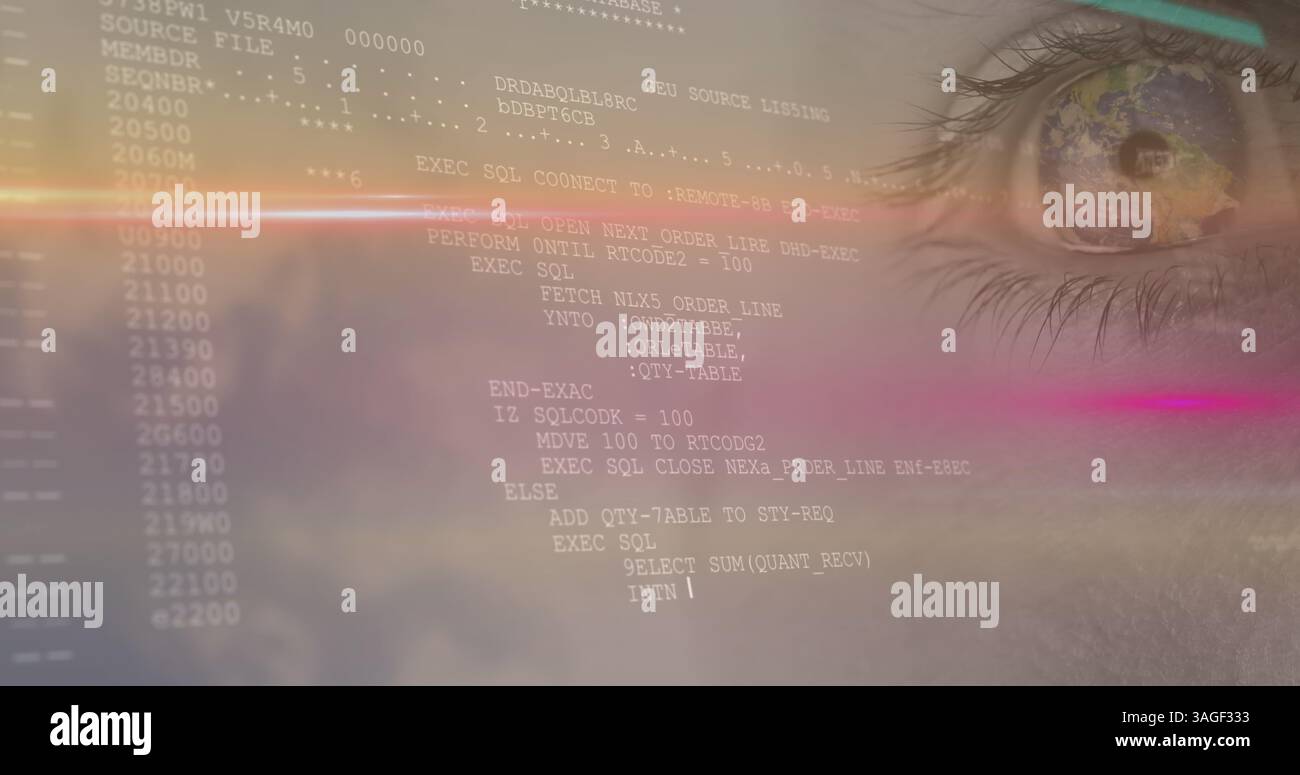 Image du traitement des données avec des traînées de lumière sur l'oeil de la femme Banque D'Images