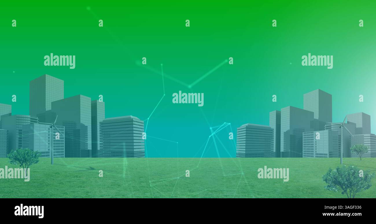 Image de réseaux de connexions sur paysage urbain sur fond vert Banque D'Images