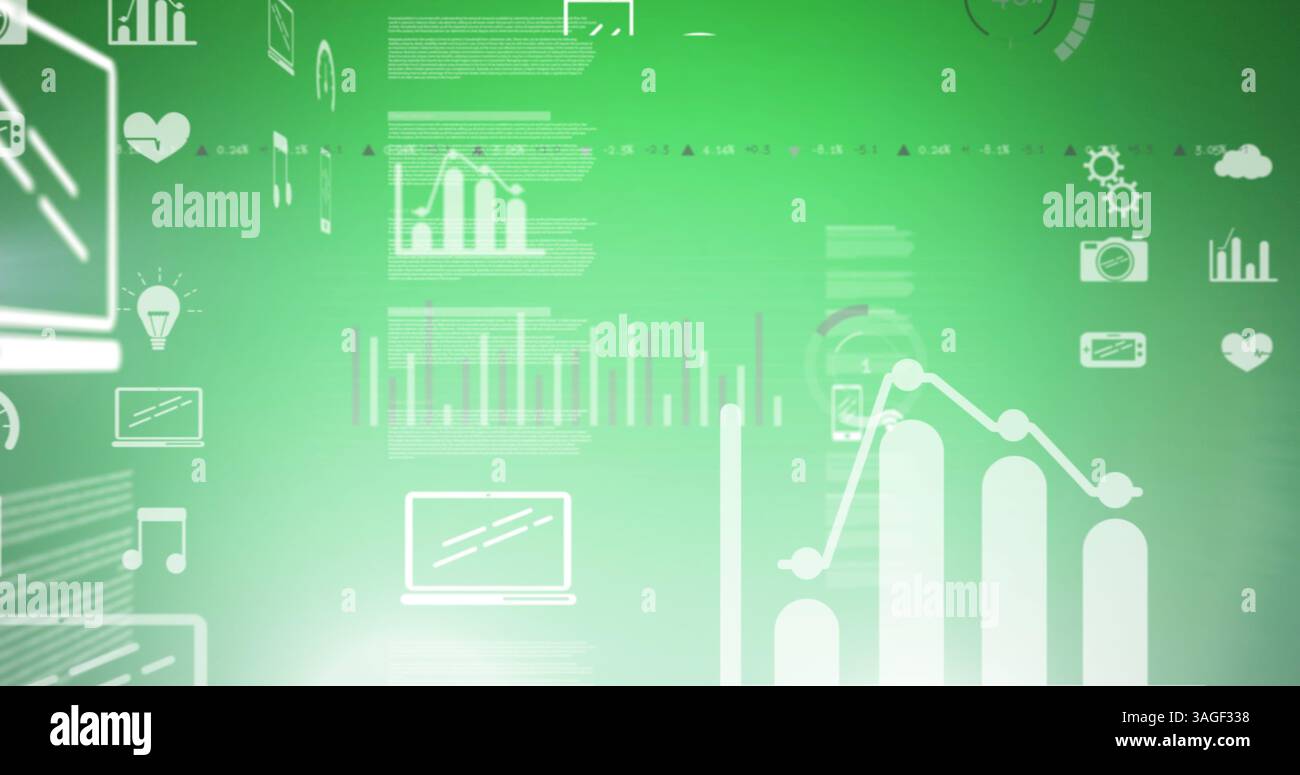 Image du traitement des données et des icônes numériques sur fond vert Banque D'Images