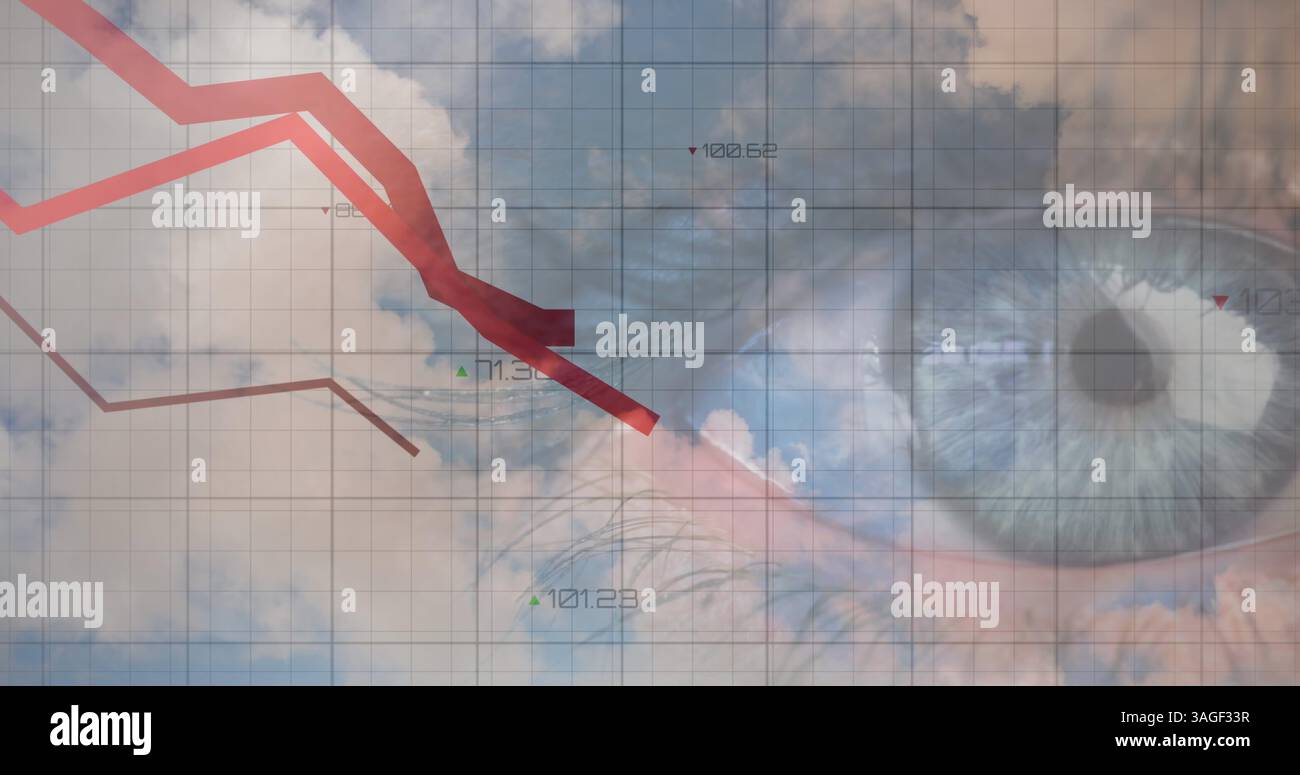Image du traitement des données financières avec des lignes rouges sur l'œil de la femme et les nuages Banque D'Images