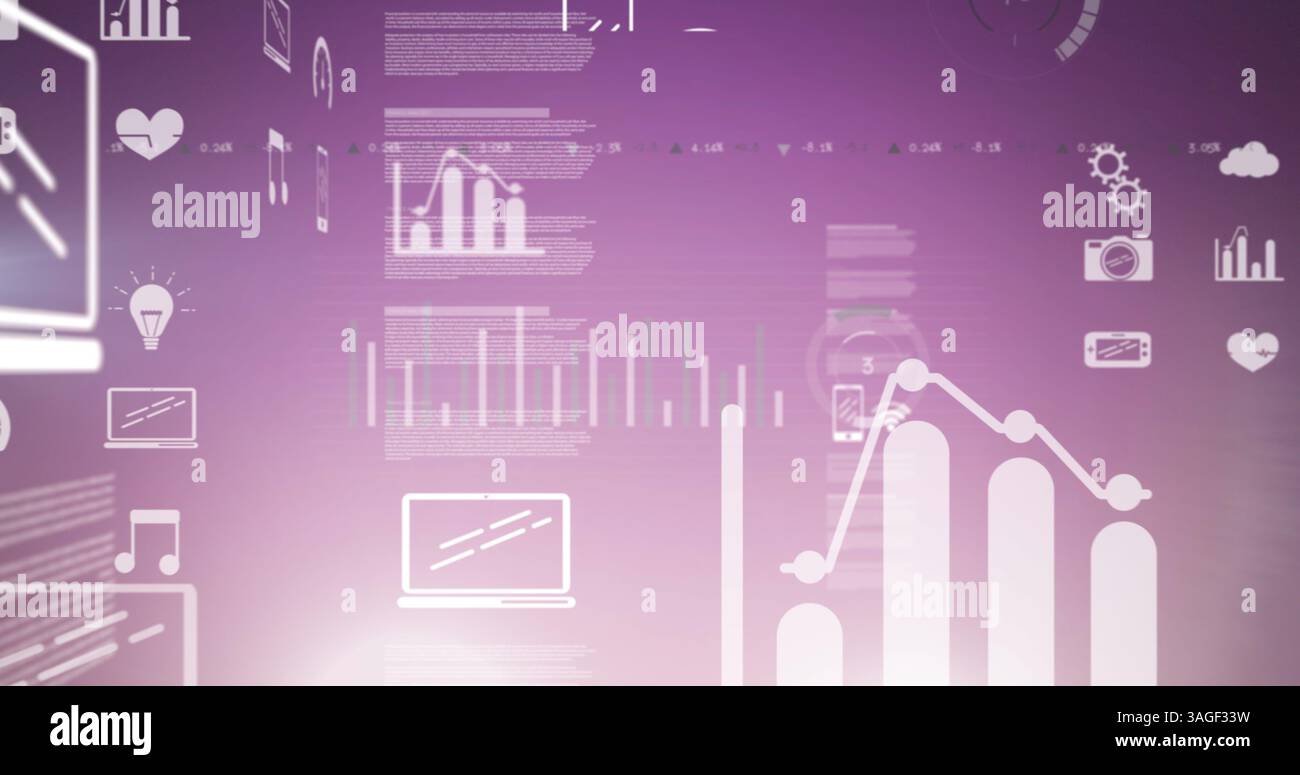 Image des icônes numériques et du traitement des données sur fond violet Banque D'Images