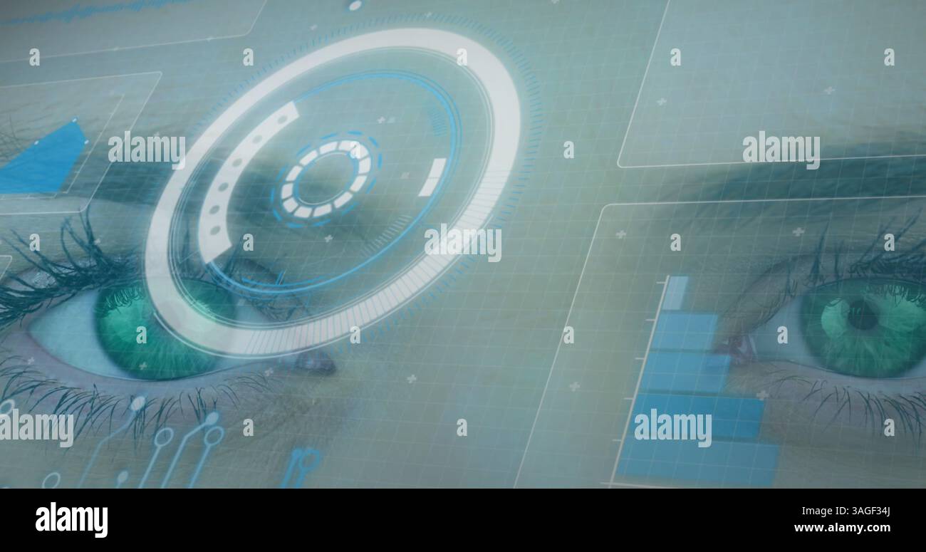 Image du balayage de l'oscilloscope et du traitement des données sur les écrans au-dessus du visage de la femme Banque D'Images