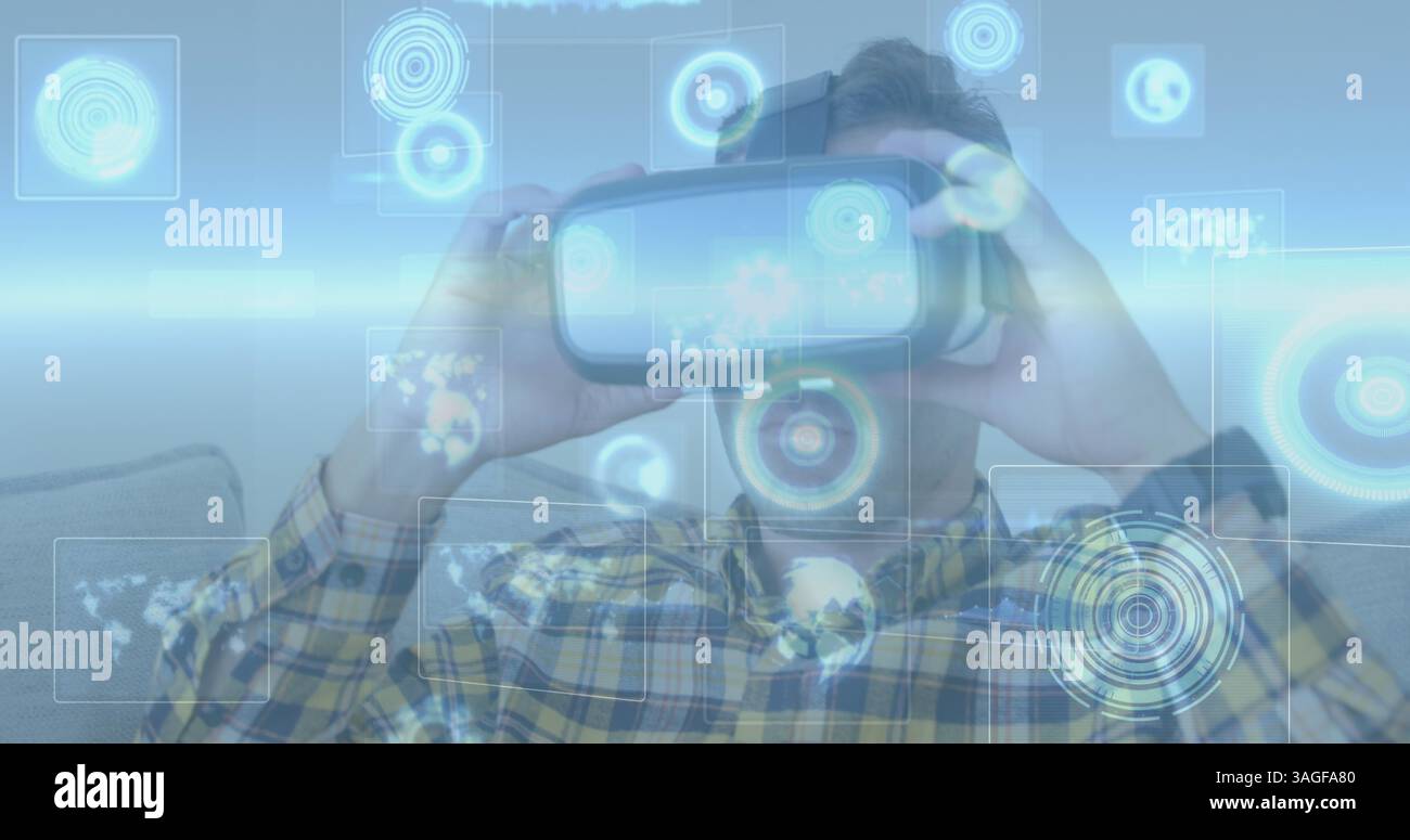 Image d'oscilloscopes scannant au-dessus d'un homme portant un casque vr Banque D'Images