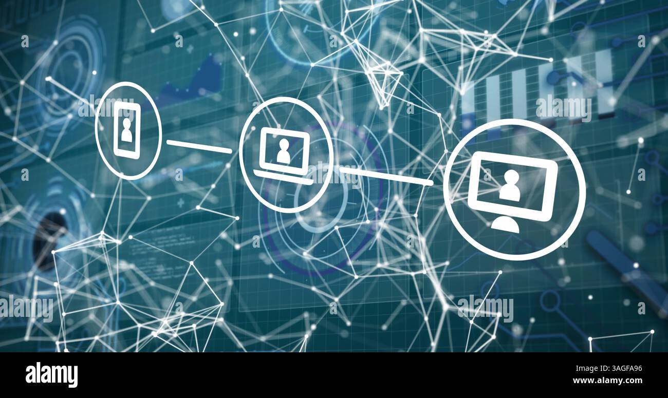 Illustration des icônes des périphériques de communication sur le réseau de connexions Banque D'Images
