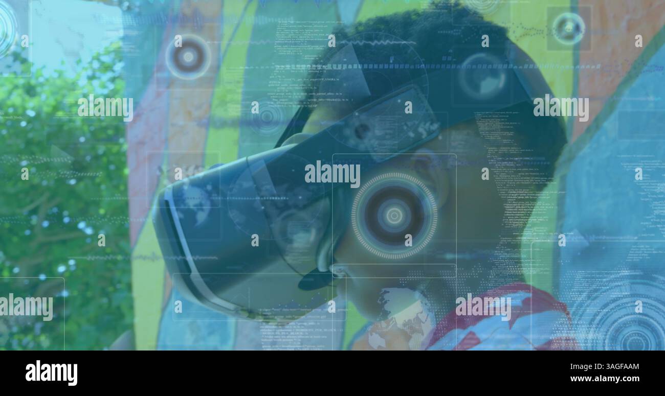 Image d'oscilloscopes scannant au-dessus d'un garçon portant un casque vr Banque D'Images