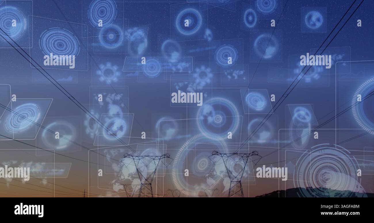 Image d'oscilloscopes scannant et traitant des données sur des écrans au-dessus de pylônes électriques Banque D'Images