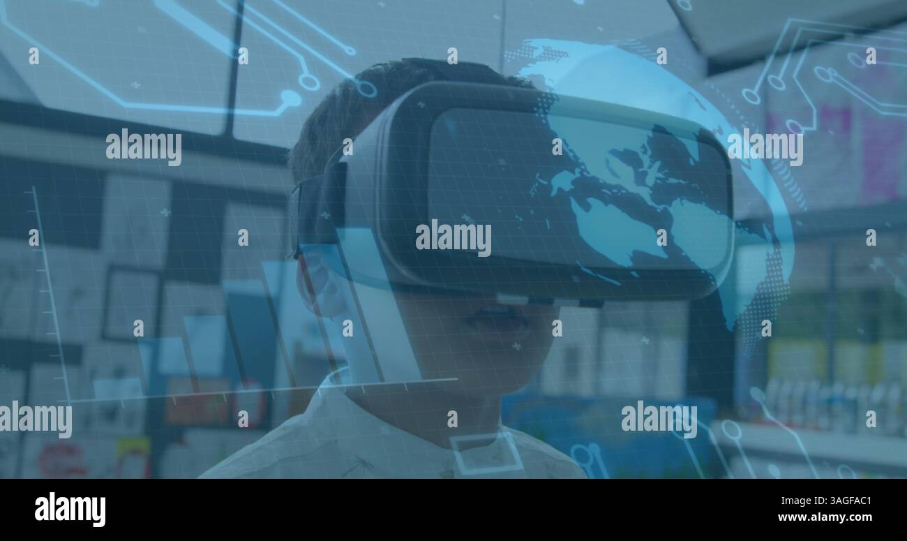 Image du globe tournant et des éléments de processeur au-dessus d'un écolier portant un casque vr Banque D'Images