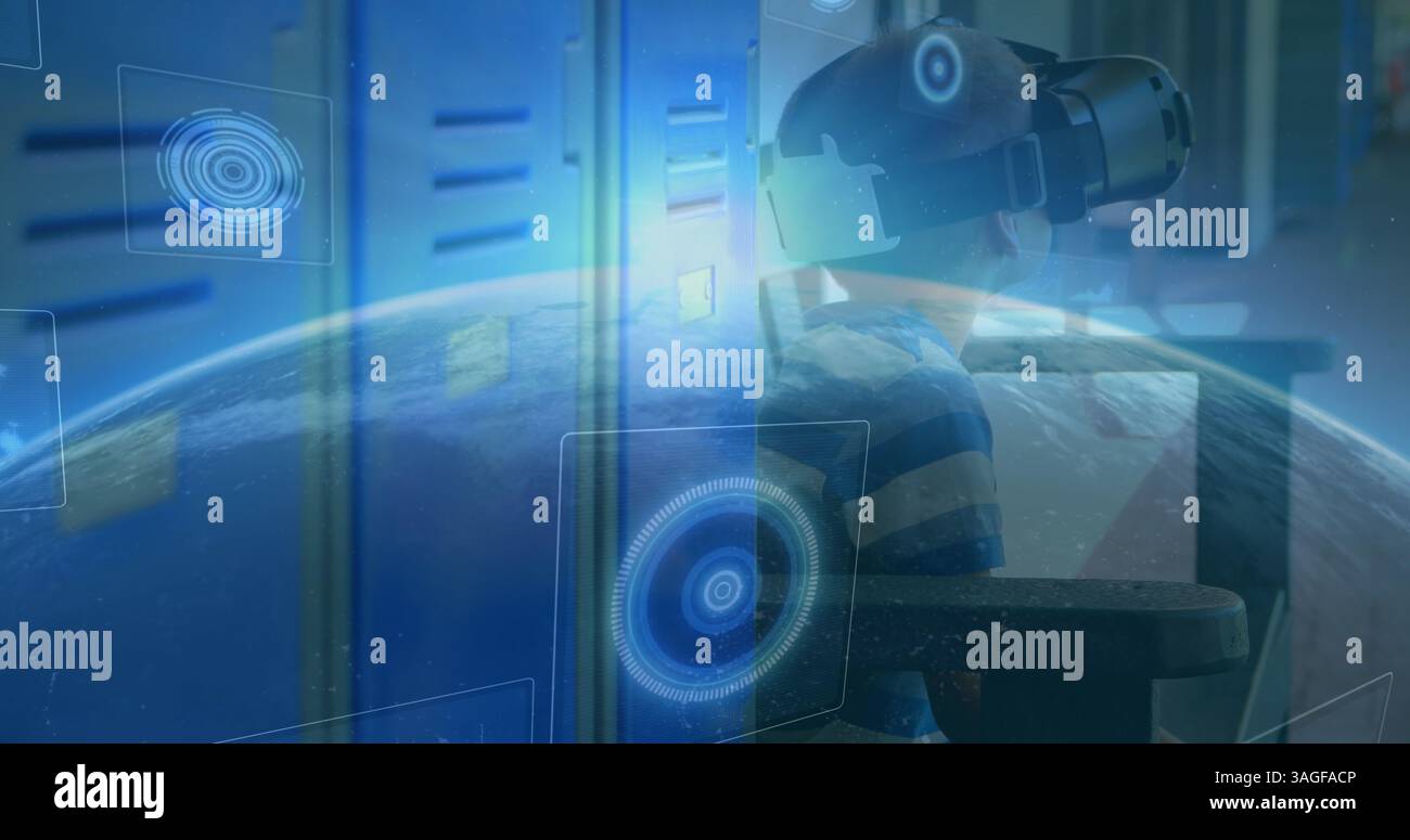 Image d'oscilloscopes scannant et globe au-dessus d'un écolier portant un casque vr Banque D'Images