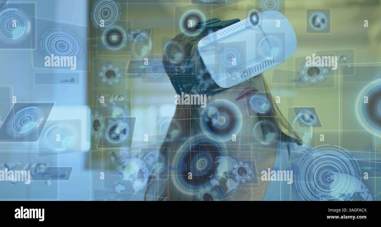 Image d'oscilloscopes scannant sur des écrans au-dessus d'une femme portant un casque vr Banque D'Images