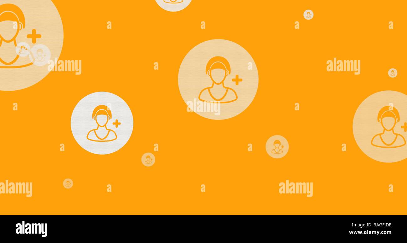 Image d'icônes de personnes blanches en ligne se déplaçant sur fond orange Banque D'Images