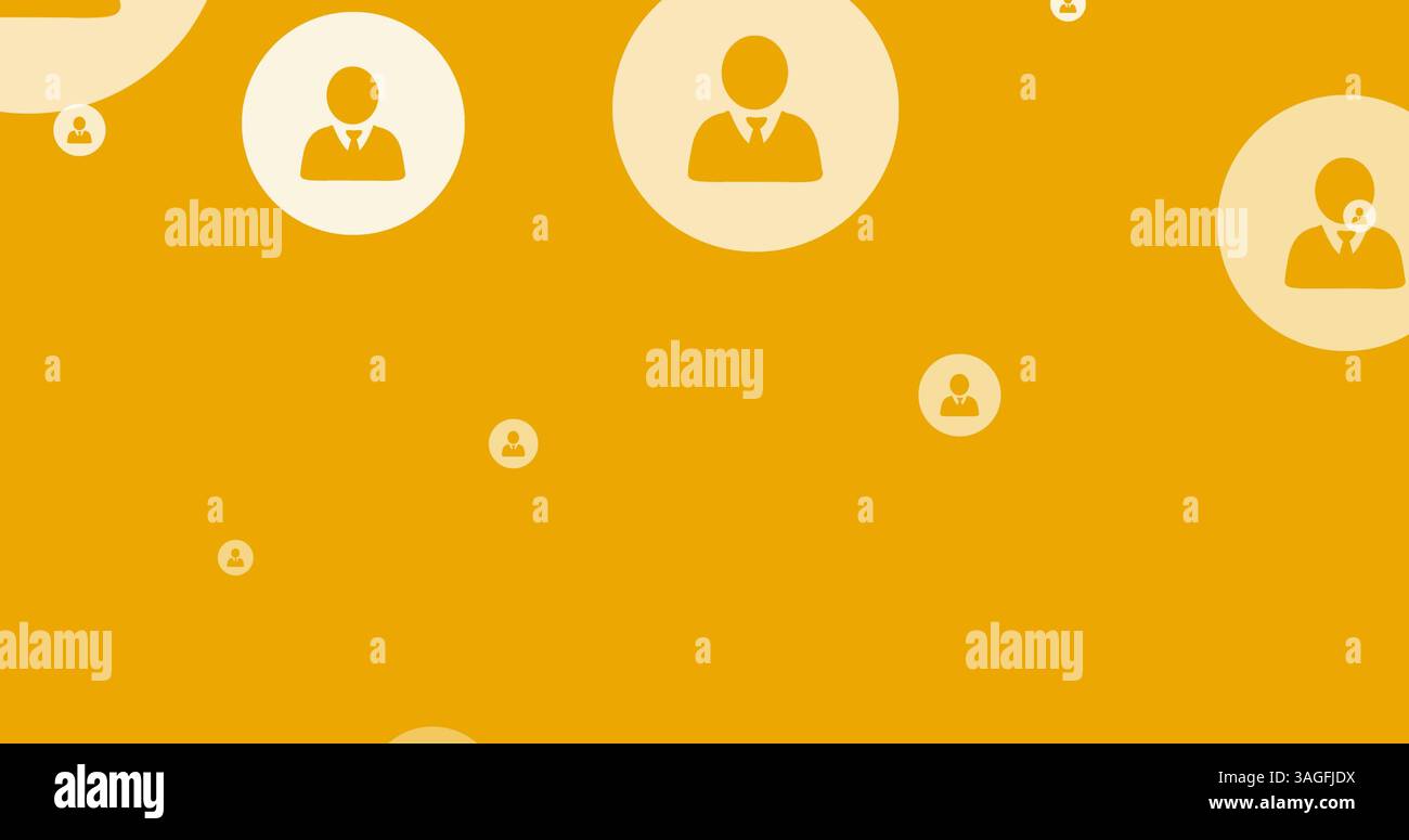 Image d'icônes de personnes blanches en ligne se déplaçant sur fond orange Banque D'Images