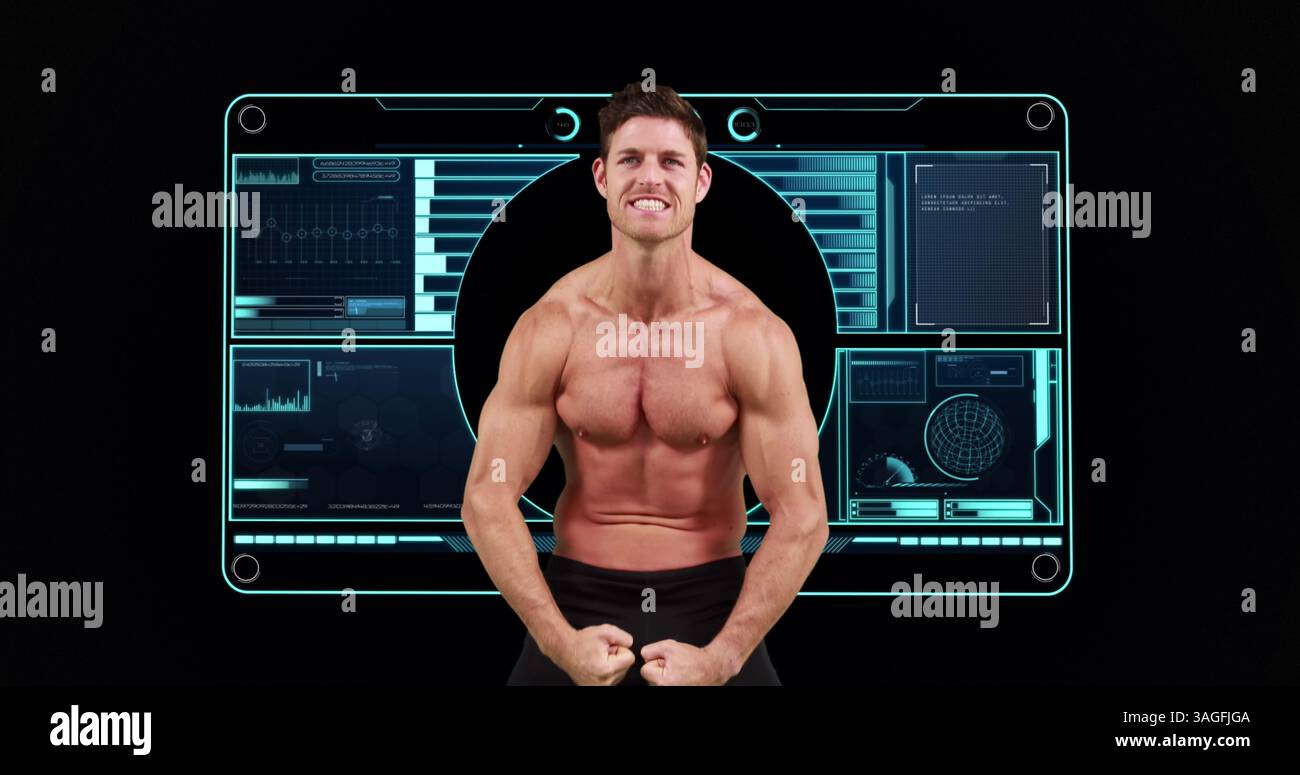 Image d'un homme musclé fort avec balayage d'oscilloscope et traitement de données Banque D'Images