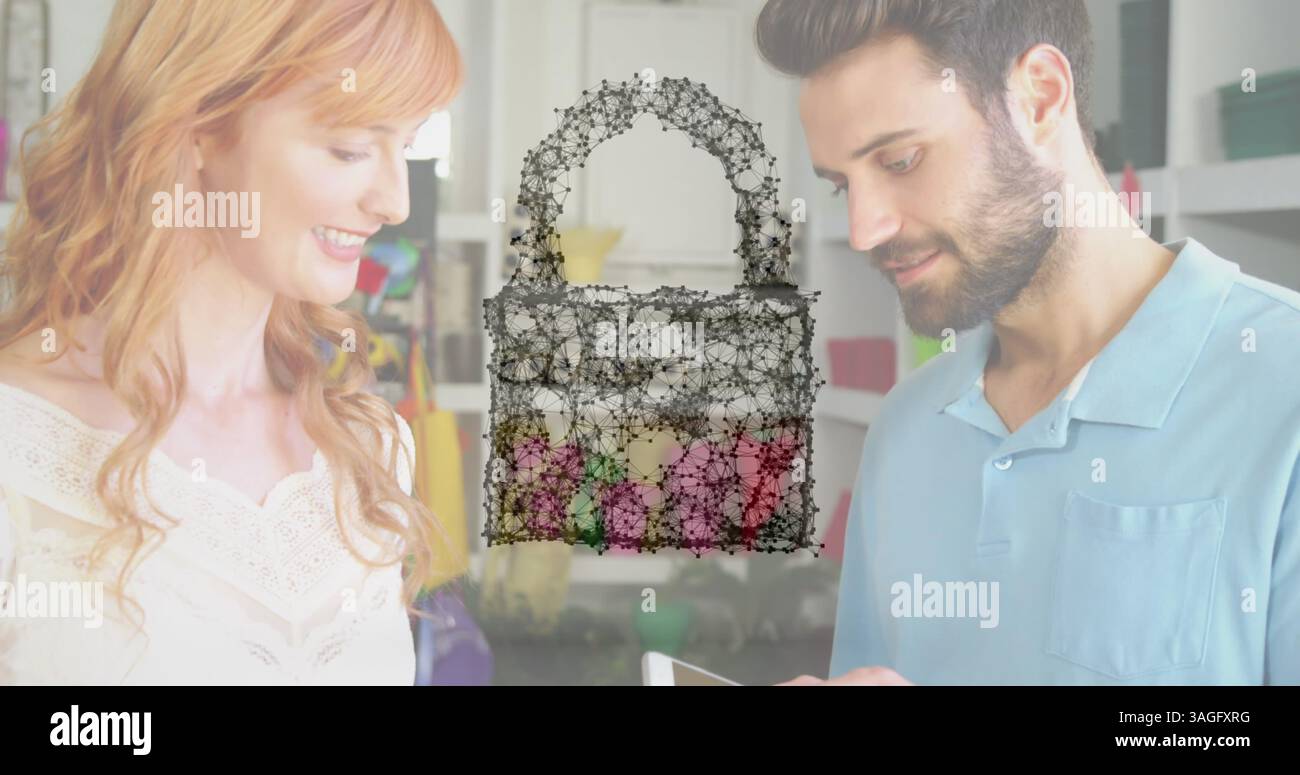 Image du cadenas de sécurité réseau sur les personnes utilisant le terminal de paiement Banque D'Images